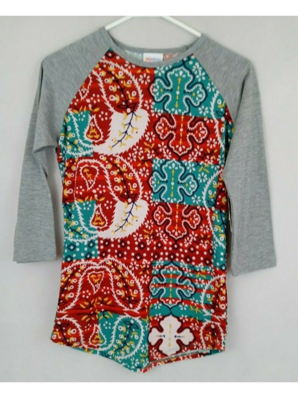 NWT LulaRoe Randy Shirt With Floral Paisley Design With Gray Sleeves Size XXS